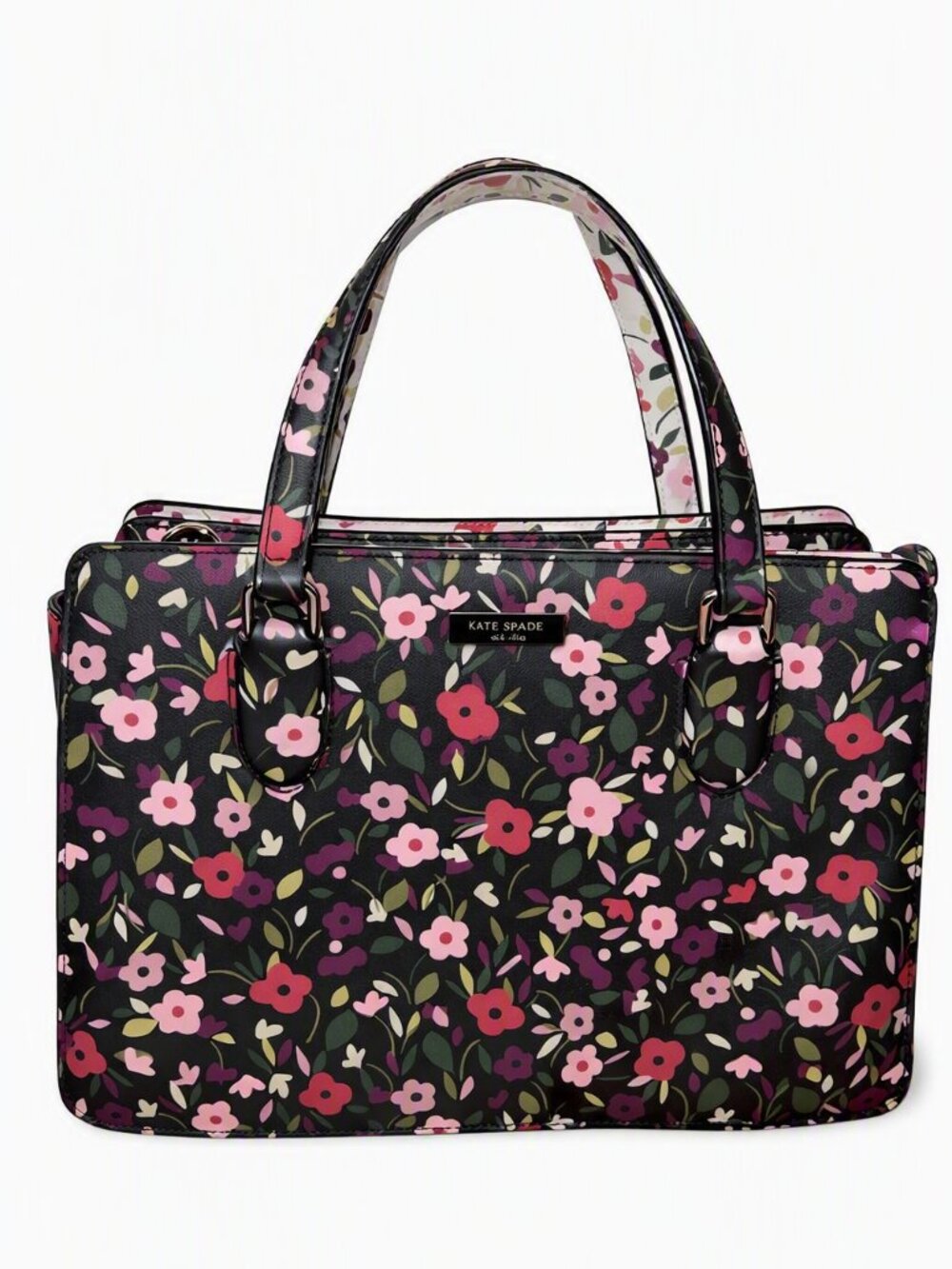 Kate Spade Floral Faux Leather Satchel Whimsical Cottage Core Black Purple Pink